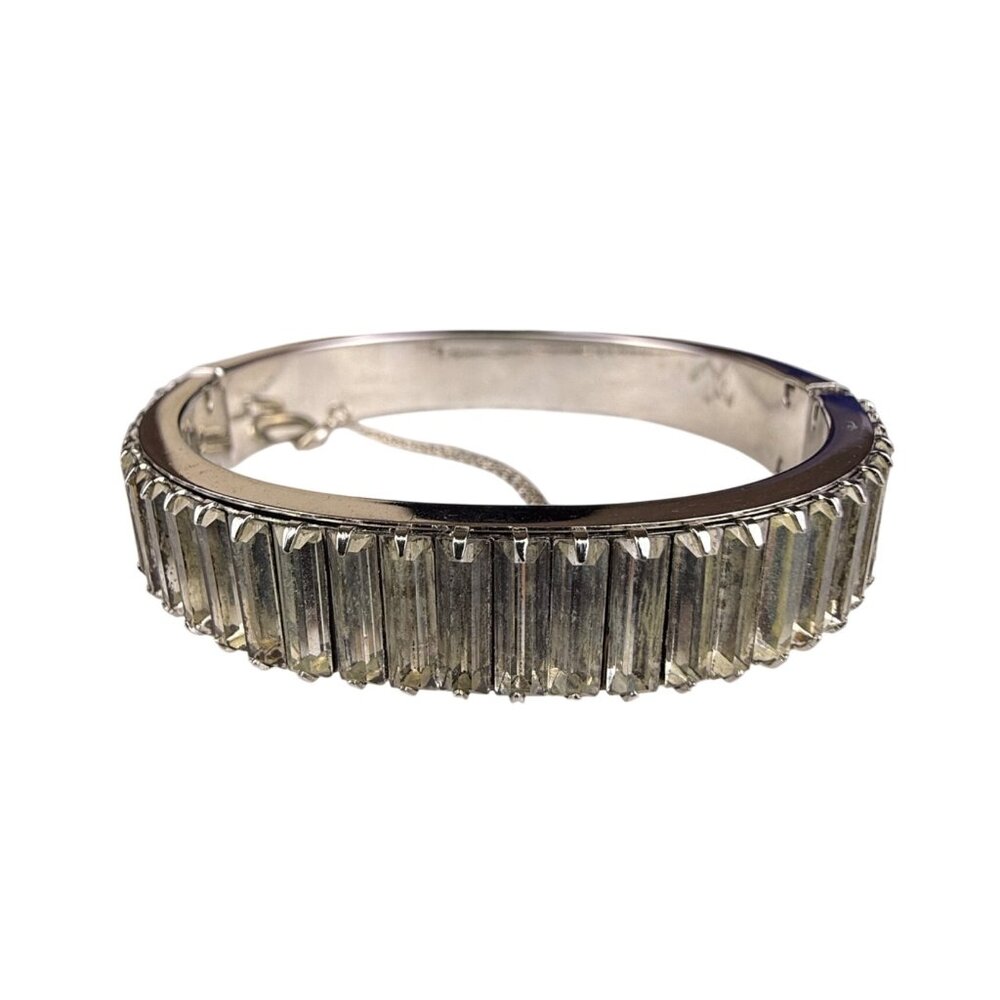 Vintage Silver Tone Womens Hinged Bracelet With Baguette-Cut Glass Accents